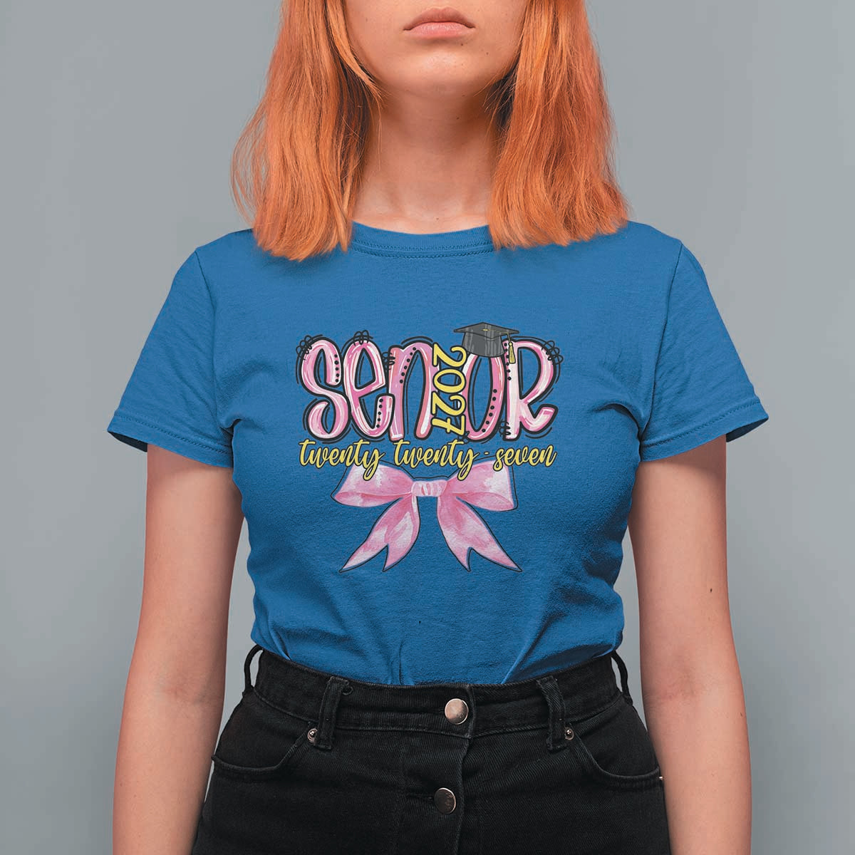 Funny Senior EST 2027 Graduation T Shirt For Women Twenty Twenty Seven Pink Bow