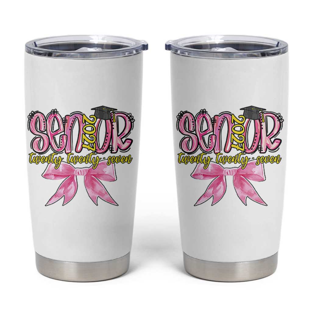 Funny Senior EST 2027 Graduation Tumbler Cup Twenty Twenty Seven Pink Bow
