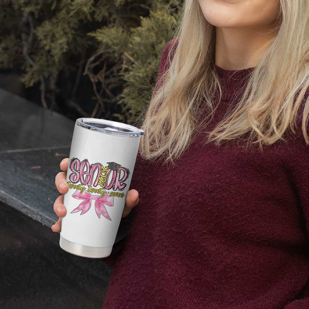 Funny Senior EST 2027 Graduation Tumbler Cup Twenty Twenty Seven Pink Bow