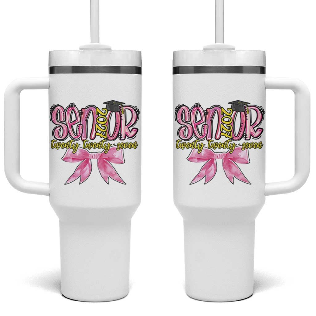Funny Senior EST 2027 Graduation Tumbler With Handle Twenty Twenty Seven Pink Bow