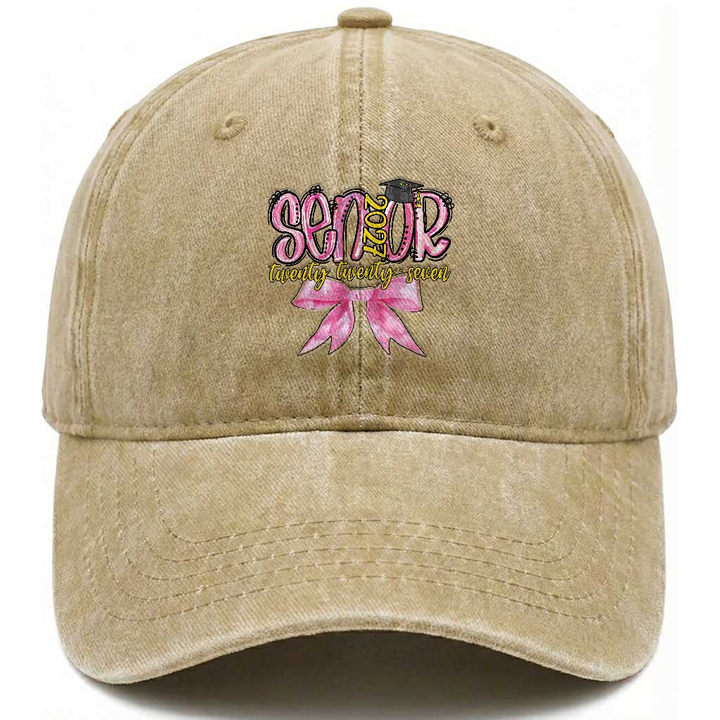 Funny Senior EST 2027 Graduation Washed Cotton Baseball Cap Twenty Twenty Seven Pink Bow