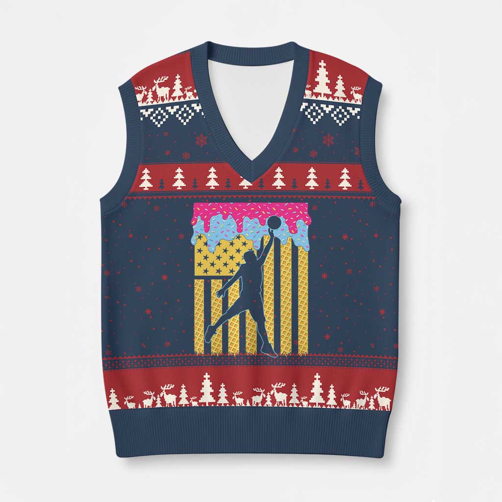 Basketball Ice Cream Drip American Flag Youth Players V-Neck Knit Sweater Vest