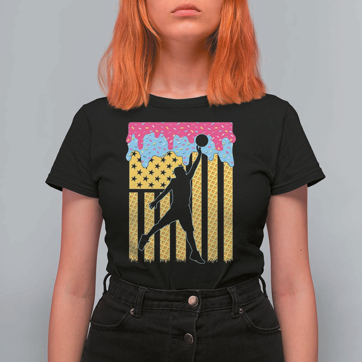 Basketball Ice Cream Drip American Flag Youth Players T Shirt For Women
