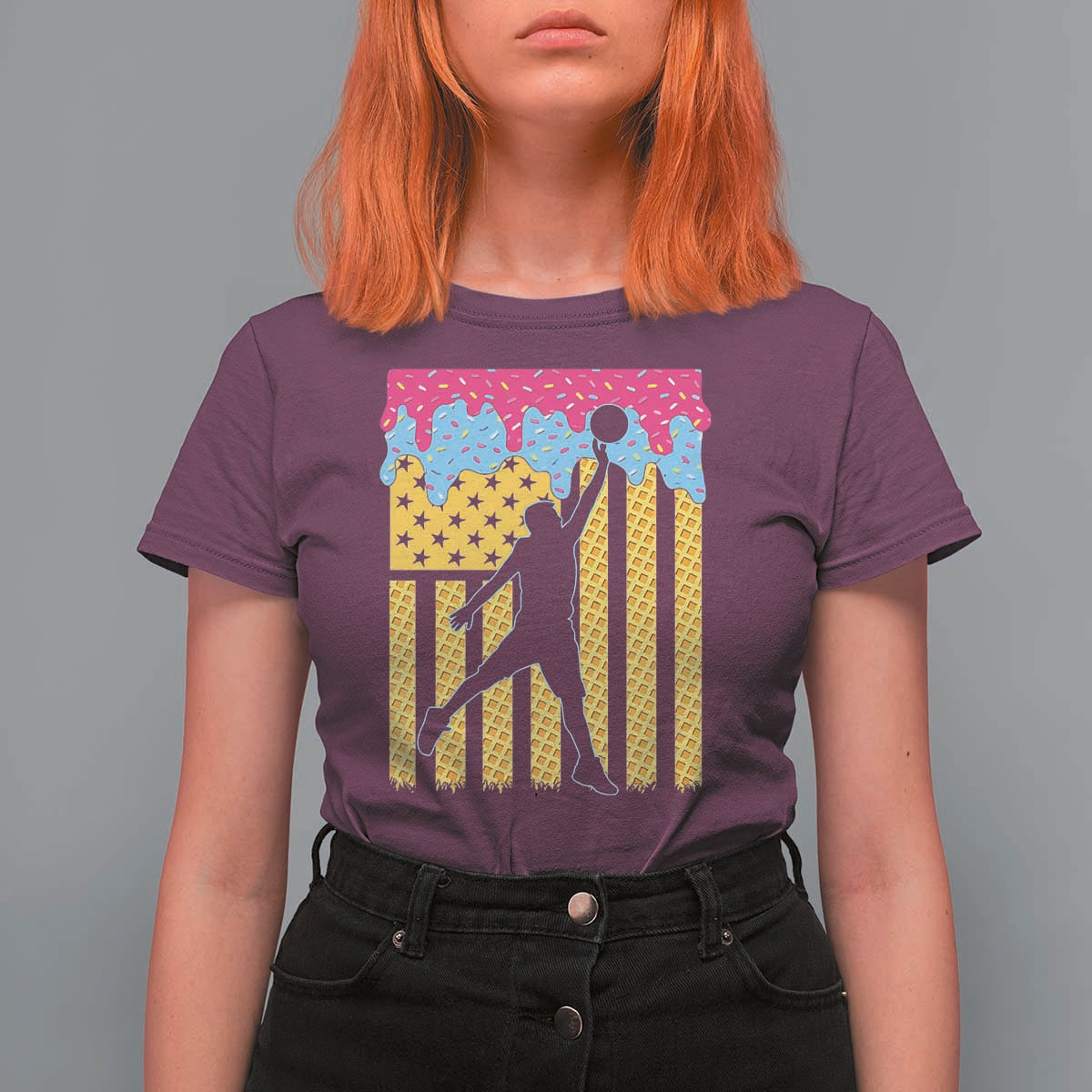 Basketball Ice Cream Drip American Flag Youth Players T Shirt For Women