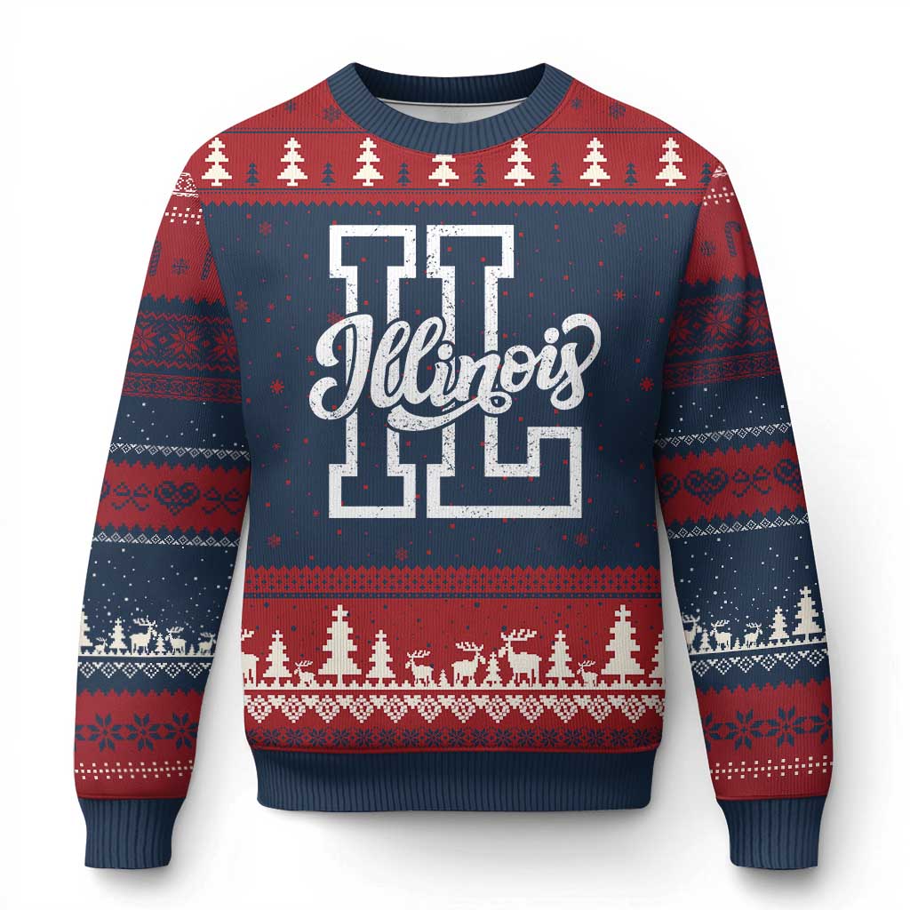 Illinois Sports Fan Ugly Christmas Sweater Varsity Aesthetic IL State Pride