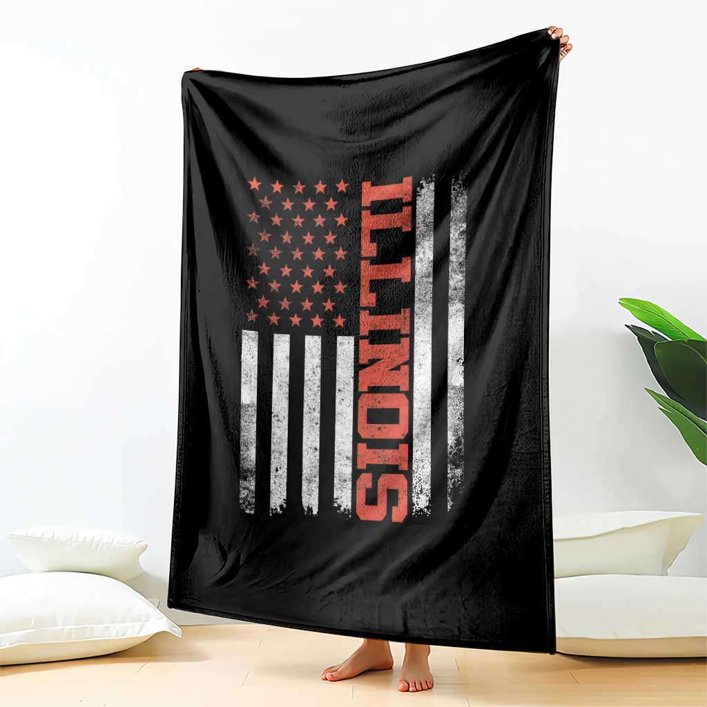 Illinois Pride Throw Blanket Vintage American Flag Distressed Varsity Aesthetic Letters IL State