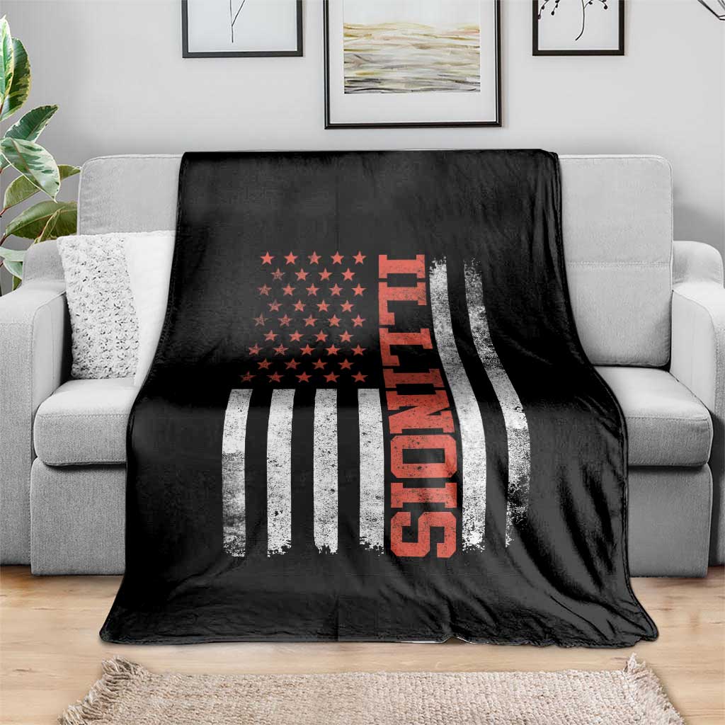 Illinois Pride Throw Blanket Vintage American Flag Distressed Varsity Aesthetic Letters IL State