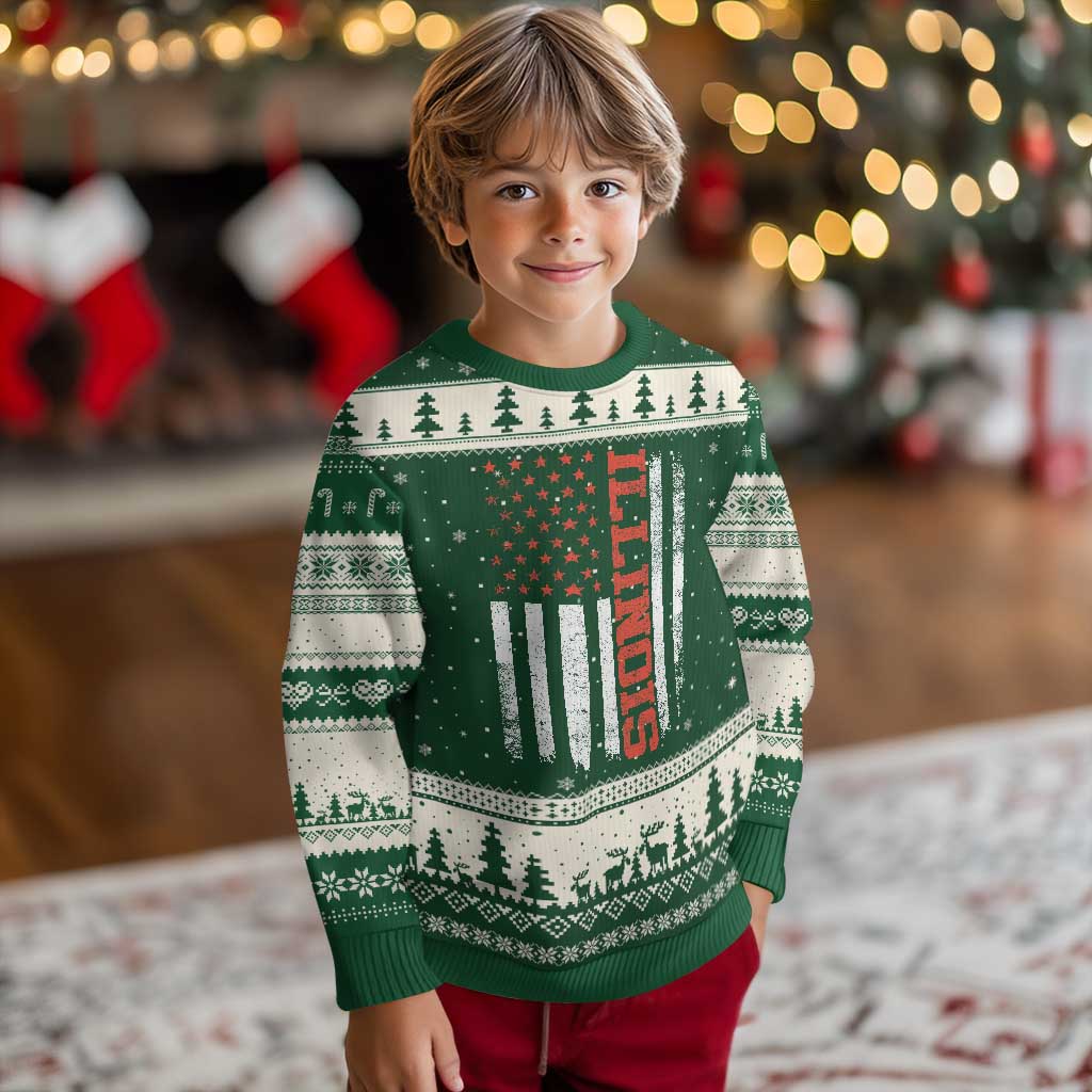 Illinois Pride Ugly Christmas Sweater Vintage American Flag Distressed Varsity Aesthetic Letters IL State