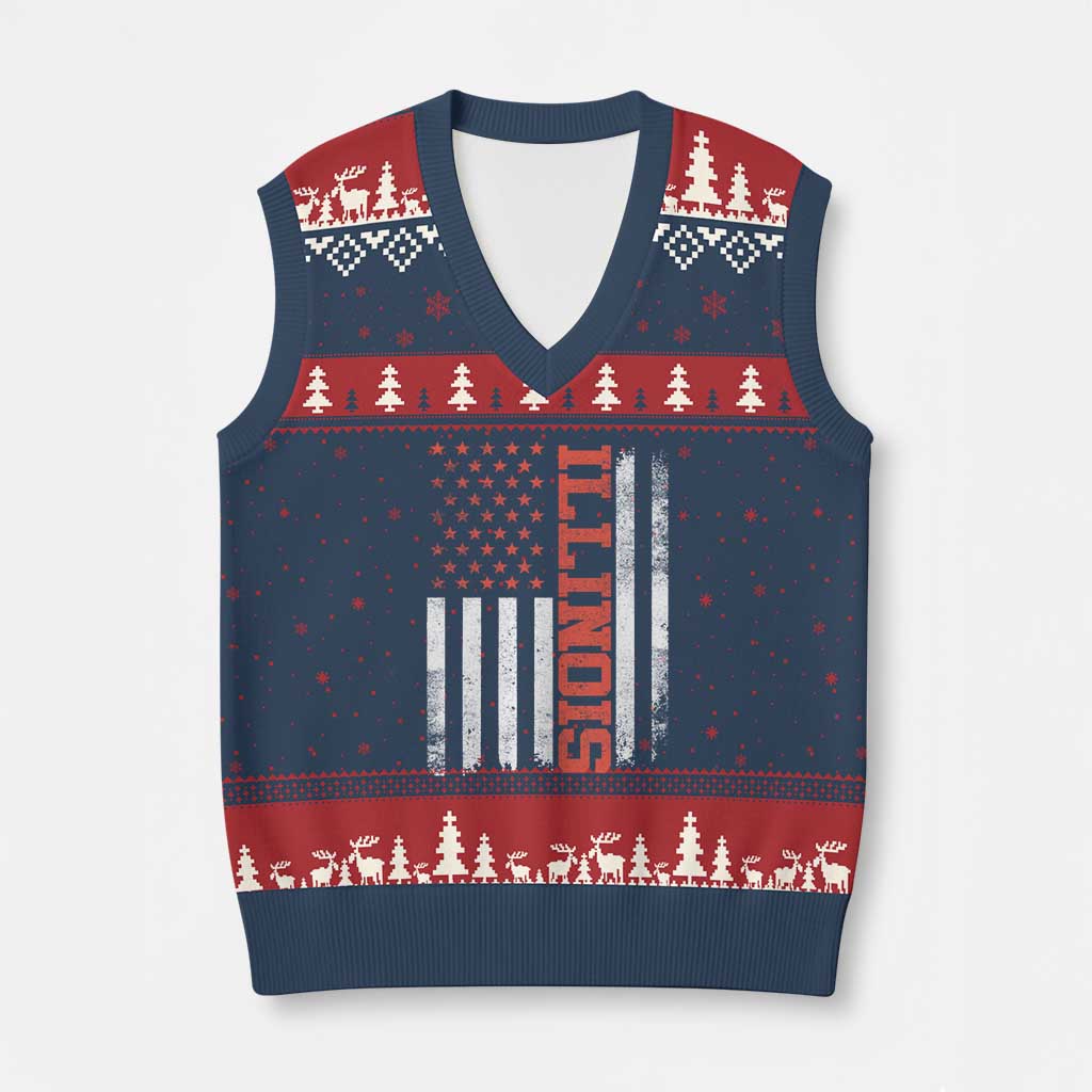 Illinois Pride V-Neck Knit Sweater Vest Vintage American Flag Distressed Varsity Aesthetic Letters IL State