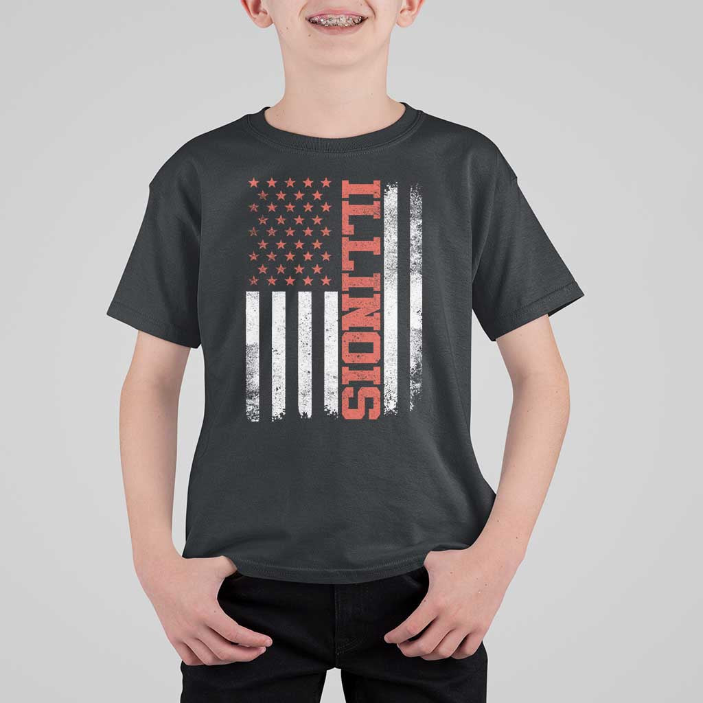 Illinois Pride T Shirt For Kid Vintage American Flag Distressed Varsity Aesthetic Letters IL State