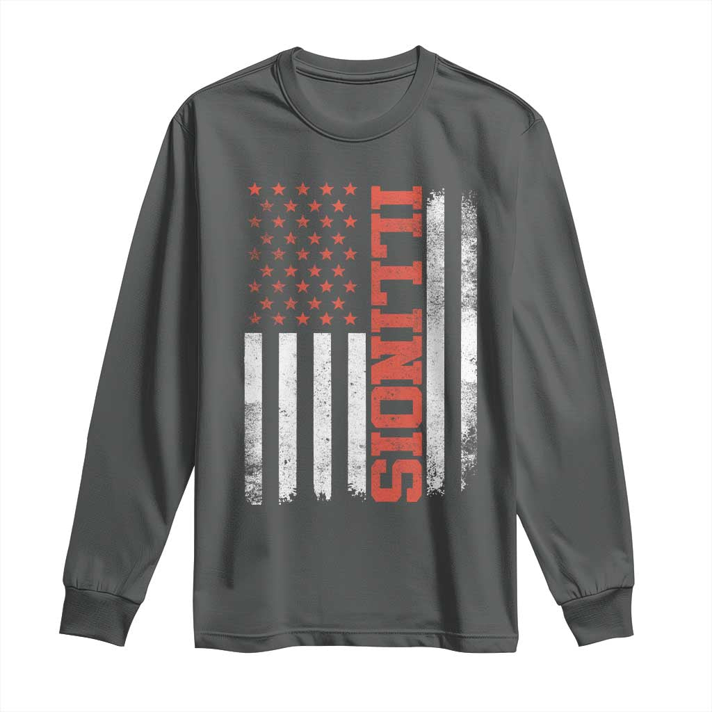 Illinois Pride Long Sleeve Shirt Vintage American Flag Distressed Varsity Aesthetic Letters IL State