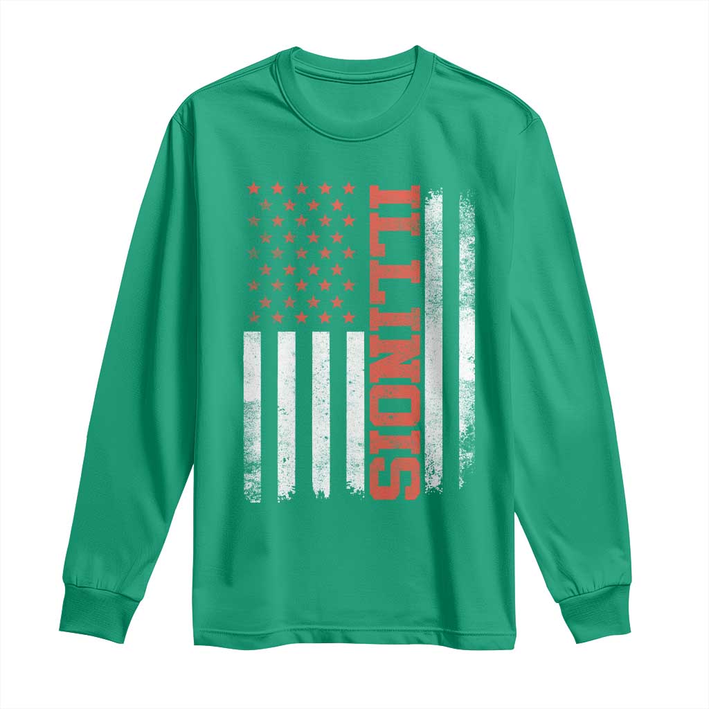 Illinois Pride Long Sleeve Shirt Vintage American Flag Distressed Varsity Aesthetic Letters IL State