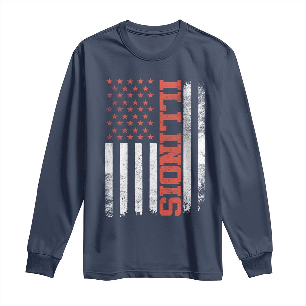 Illinois Pride Long Sleeve Shirt Vintage American Flag Distressed Varsity Aesthetic Letters IL State