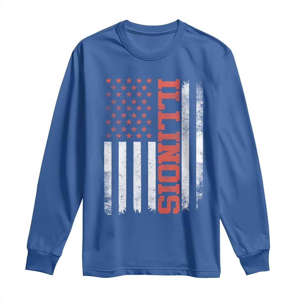 Illinois Pride Long Sleeve Shirt Vintage American Flag Distressed Varsity Aesthetic Letters IL State