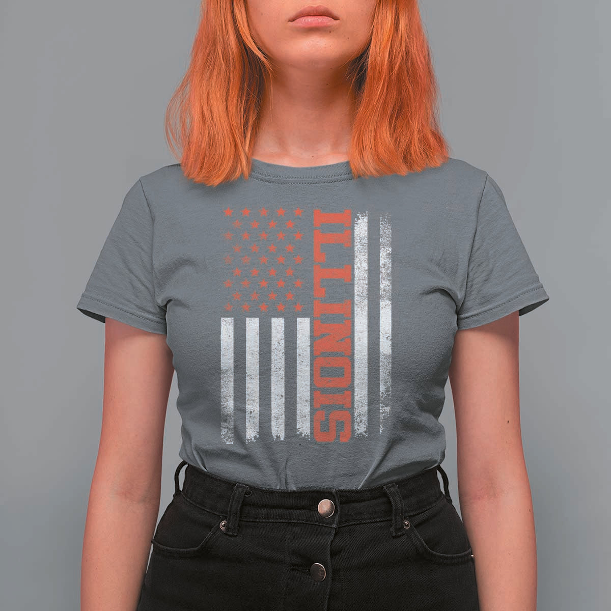 Illinois Pride T Shirt For Women Vintage American Flag Distressed Varsity Aesthetic Letters IL State