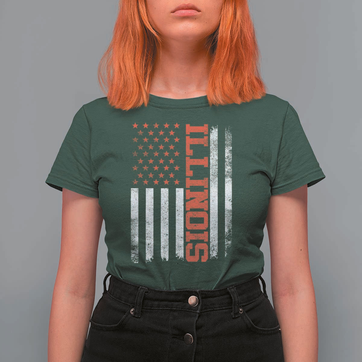 Illinois Pride T Shirt For Women Vintage American Flag Distressed Varsity Aesthetic Letters IL State
