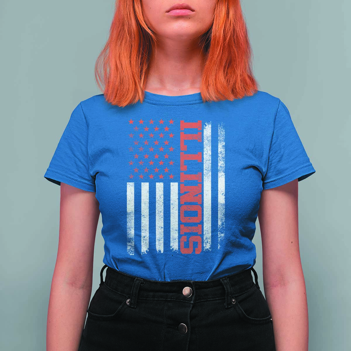 Illinois Pride T Shirt For Women Vintage American Flag Distressed Varsity Aesthetic Letters IL State