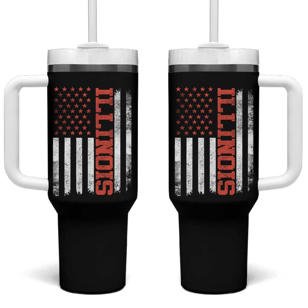 Illinois Pride Tumbler With Handle Vintage American Flag Distressed Varsity Aesthetic Letters IL State