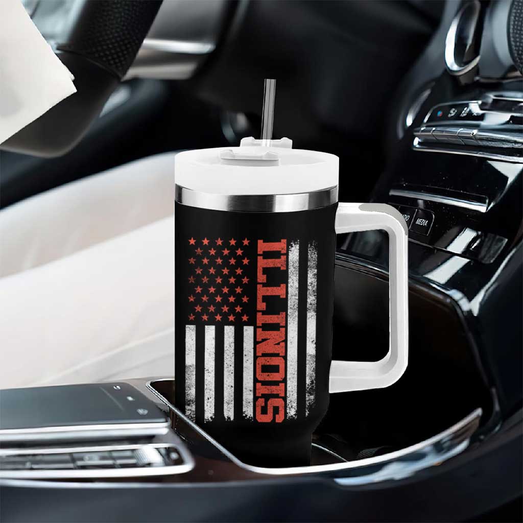 Illinois Pride Tumbler With Handle Vintage American Flag Distressed Varsity Aesthetic Letters IL State