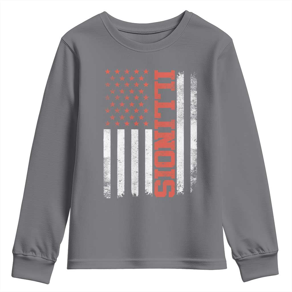 Illinois Pride Youth Sweatshirt Vintage American Flag Distressed Varsity Aesthetic Letters IL State