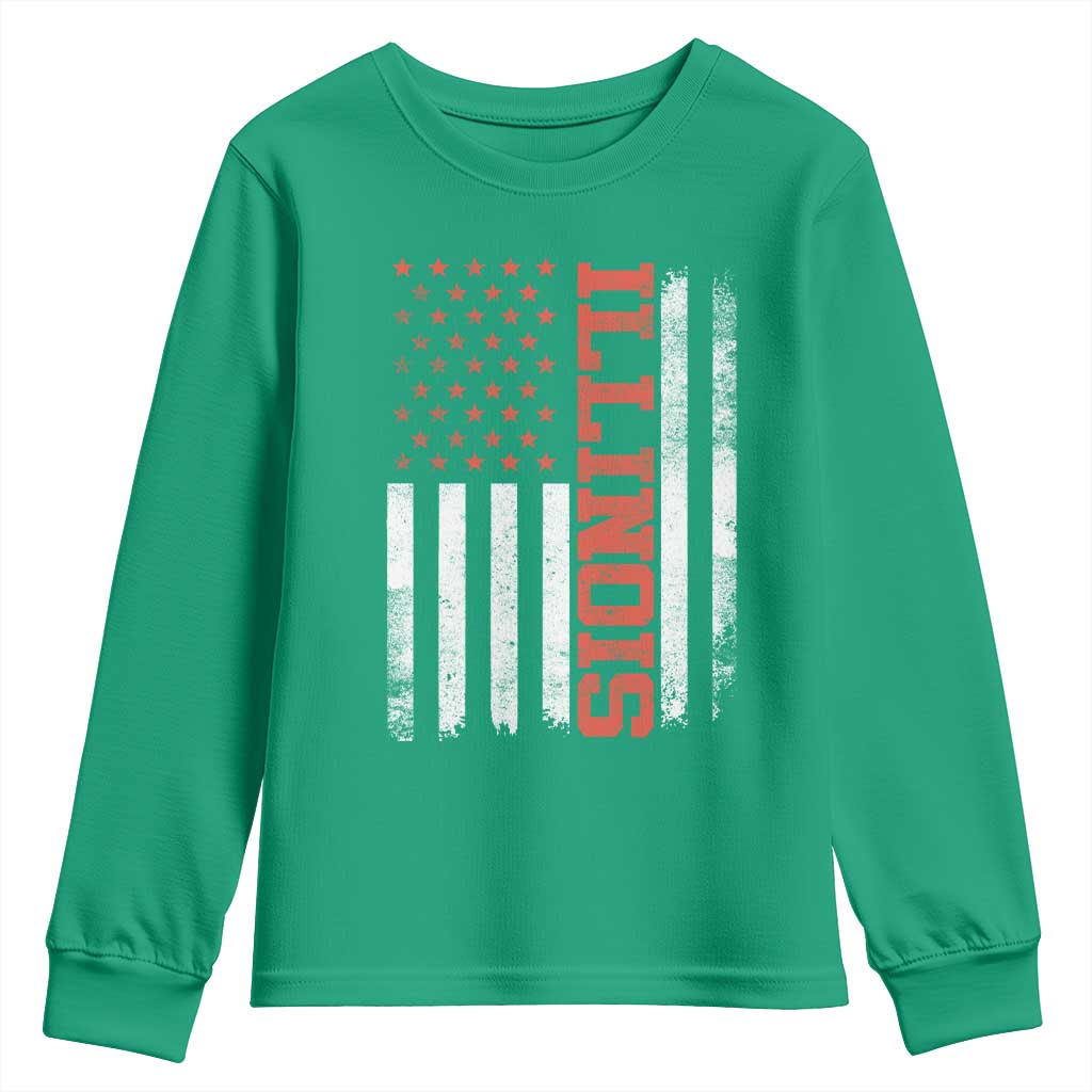 Illinois Pride Youth Sweatshirt Vintage American Flag Distressed Varsity Aesthetic Letters IL State