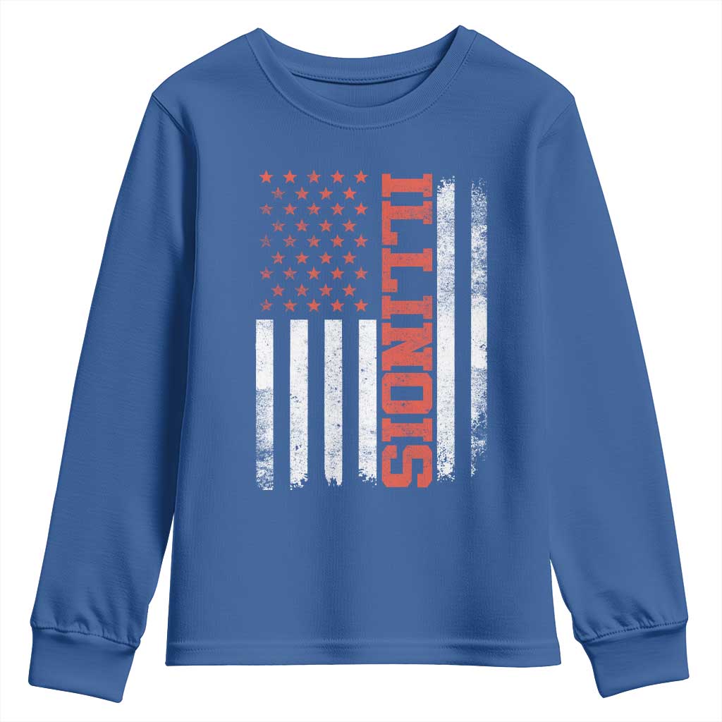 Illinois Pride Youth Sweatshirt Vintage American Flag Distressed Varsity Aesthetic Letters IL State