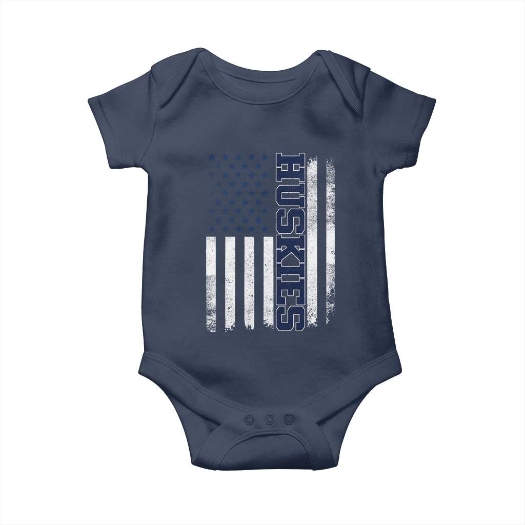 Husky Lover Sports Varsity Aesthetic Letters Vintage American Flag Baby Onesie
