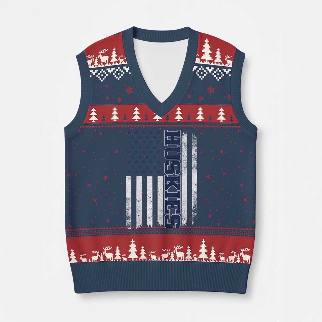 Husky Lover Sports Varsity Aesthetic Letters Vintage American Flag V-Neck Knit Sweater Vest
