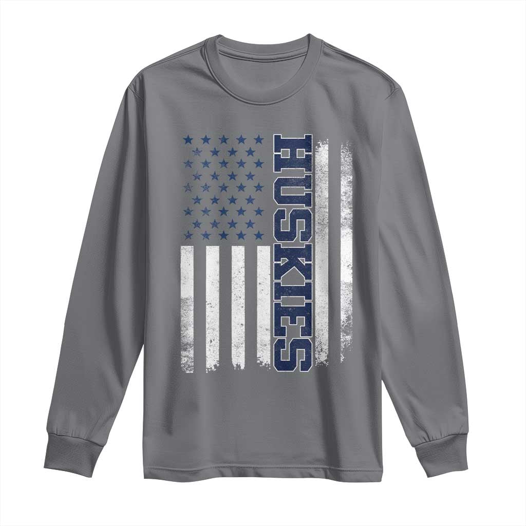 Husky Lover Sports Varsity Aesthetic Letters Vintage American Flag Long Sleeve Shirt