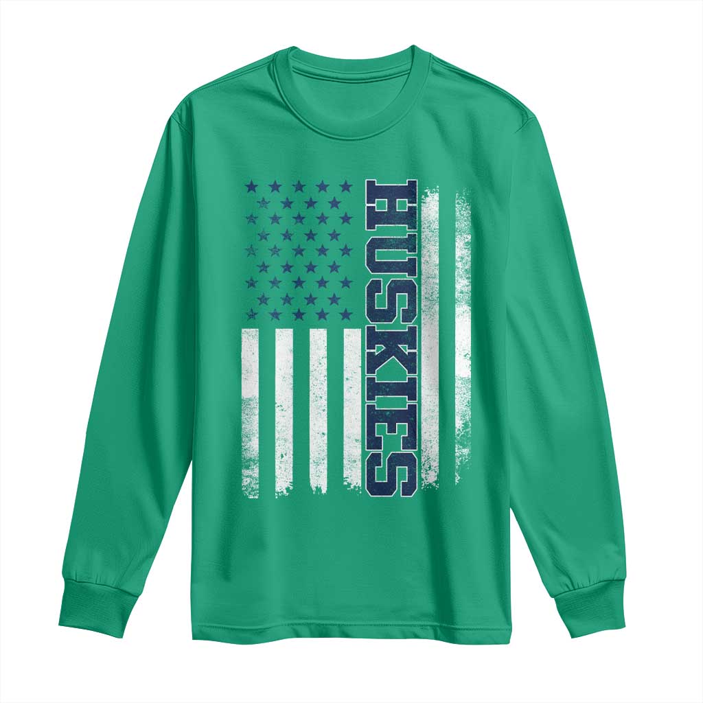 Husky Lover Sports Varsity Aesthetic Letters Vintage American Flag Long Sleeve Shirt