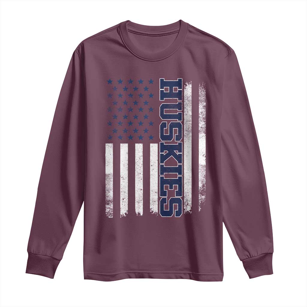 Husky Lover Sports Varsity Aesthetic Letters Vintage American Flag Long Sleeve Shirt