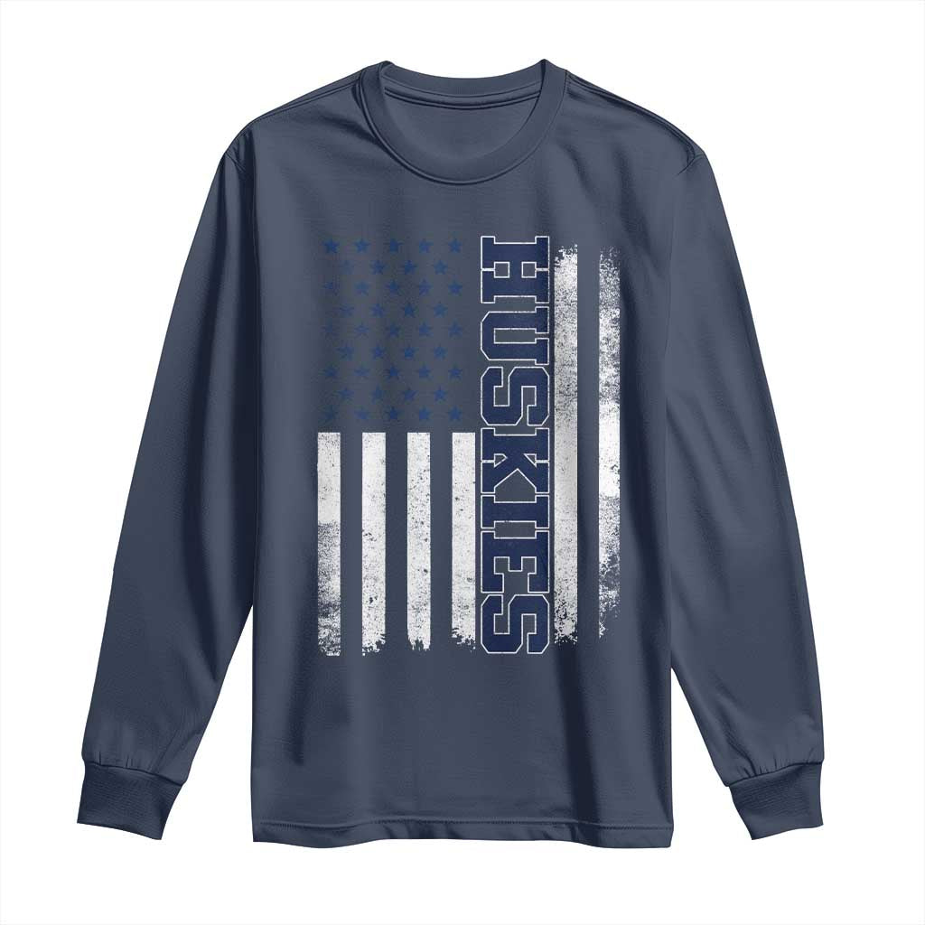 Husky Lover Sports Varsity Aesthetic Letters Vintage American Flag Long Sleeve Shirt