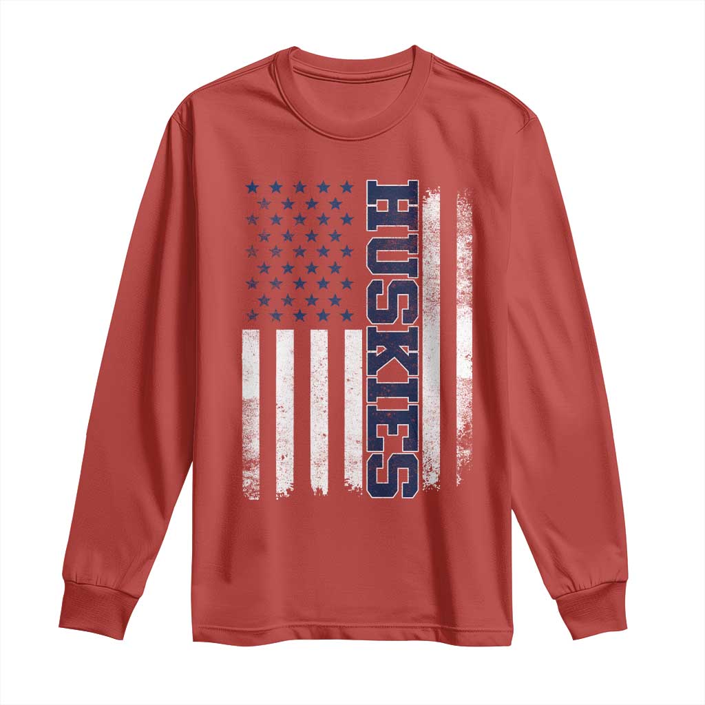 Husky Lover Sports Varsity Aesthetic Letters Vintage American Flag Long Sleeve Shirt