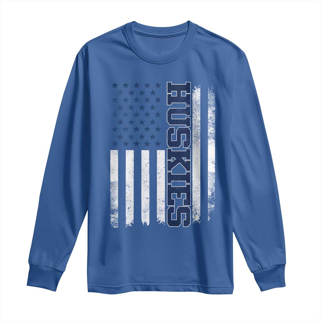 Husky Lover Sports Varsity Aesthetic Letters Vintage American Flag Long Sleeve Shirt