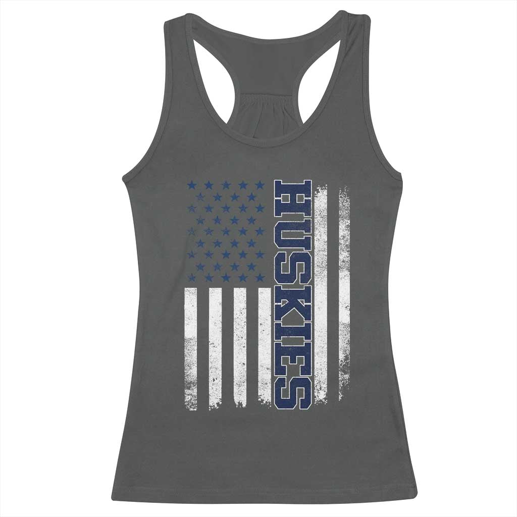 Husky Lover Sports Varsity Aesthetic Letters Vintage American Flag Racerback Tank Top