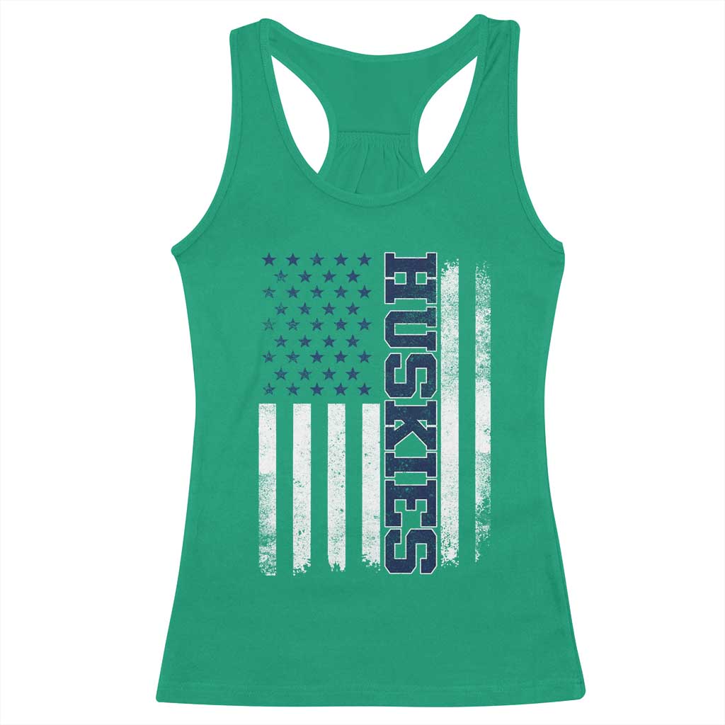Husky Lover Sports Varsity Aesthetic Letters Vintage American Flag Racerback Tank Top