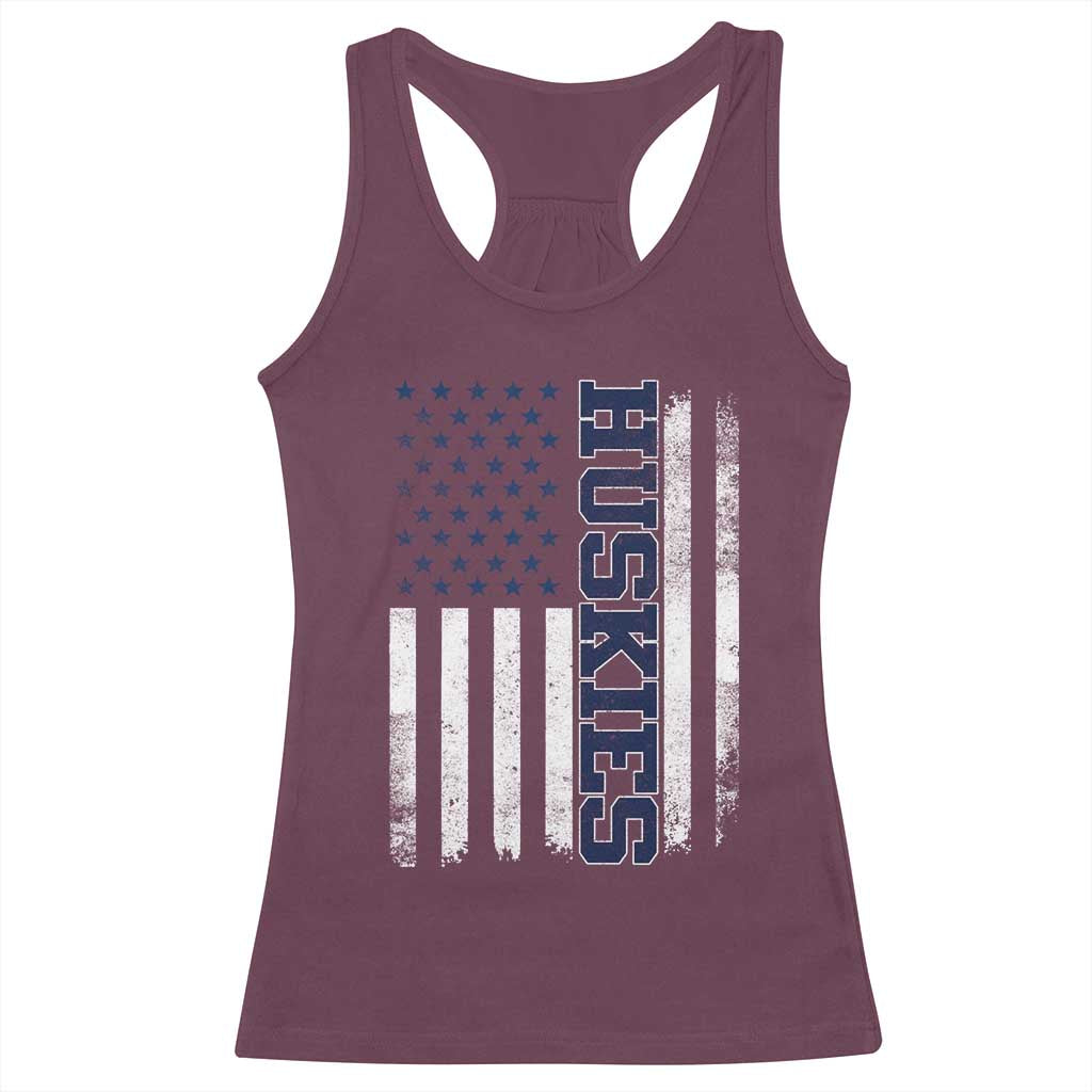 Husky Lover Sports Varsity Aesthetic Letters Vintage American Flag Racerback Tank Top