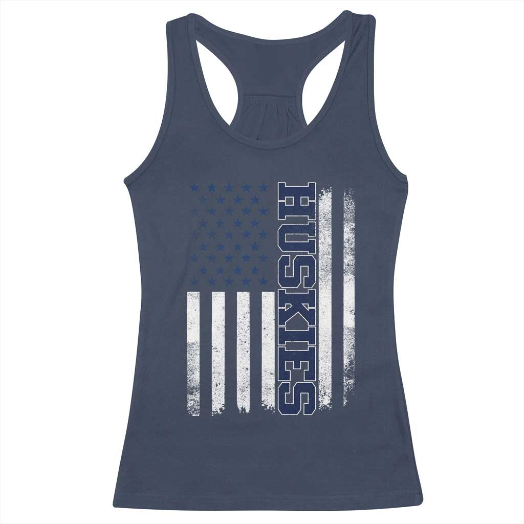 Husky Lover Sports Varsity Aesthetic Letters Vintage American Flag Racerback Tank Top