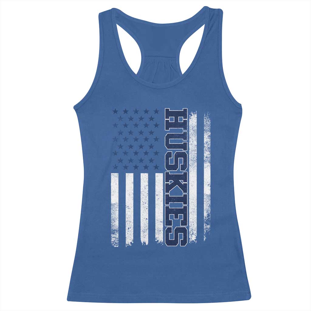 Husky Lover Sports Varsity Aesthetic Letters Vintage American Flag Racerback Tank Top