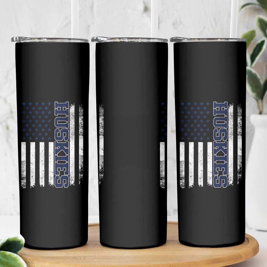 Husky Lover Sports Varsity Aesthetic Letters Vintage American Flag Skinny Tumbler