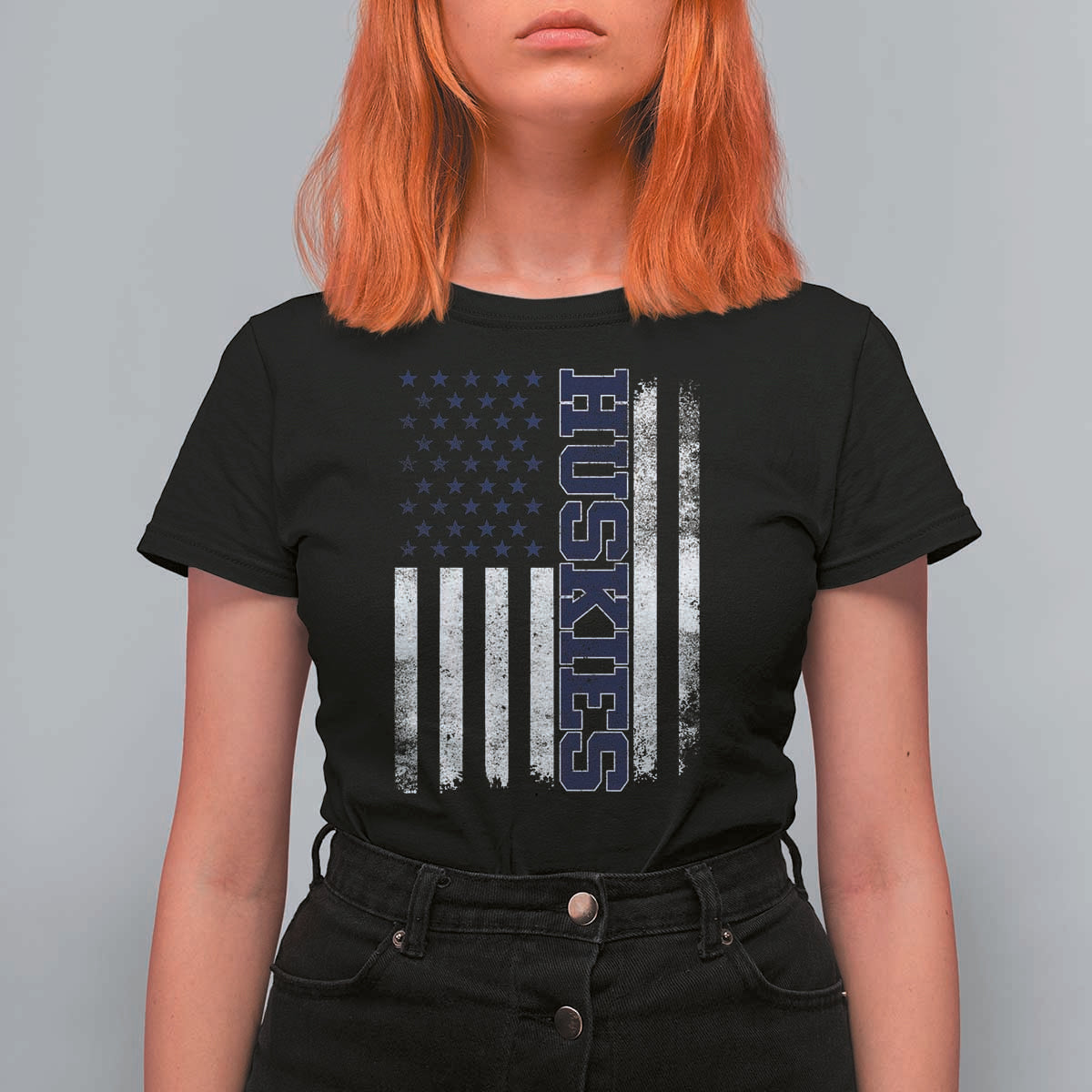 Husky Lover Sports Varsity Aesthetic Letters Vintage American Flag T Shirt For Women