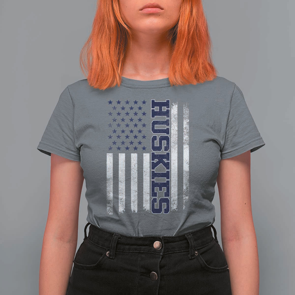 Husky Lover Sports Varsity Aesthetic Letters Vintage American Flag T Shirt For Women
