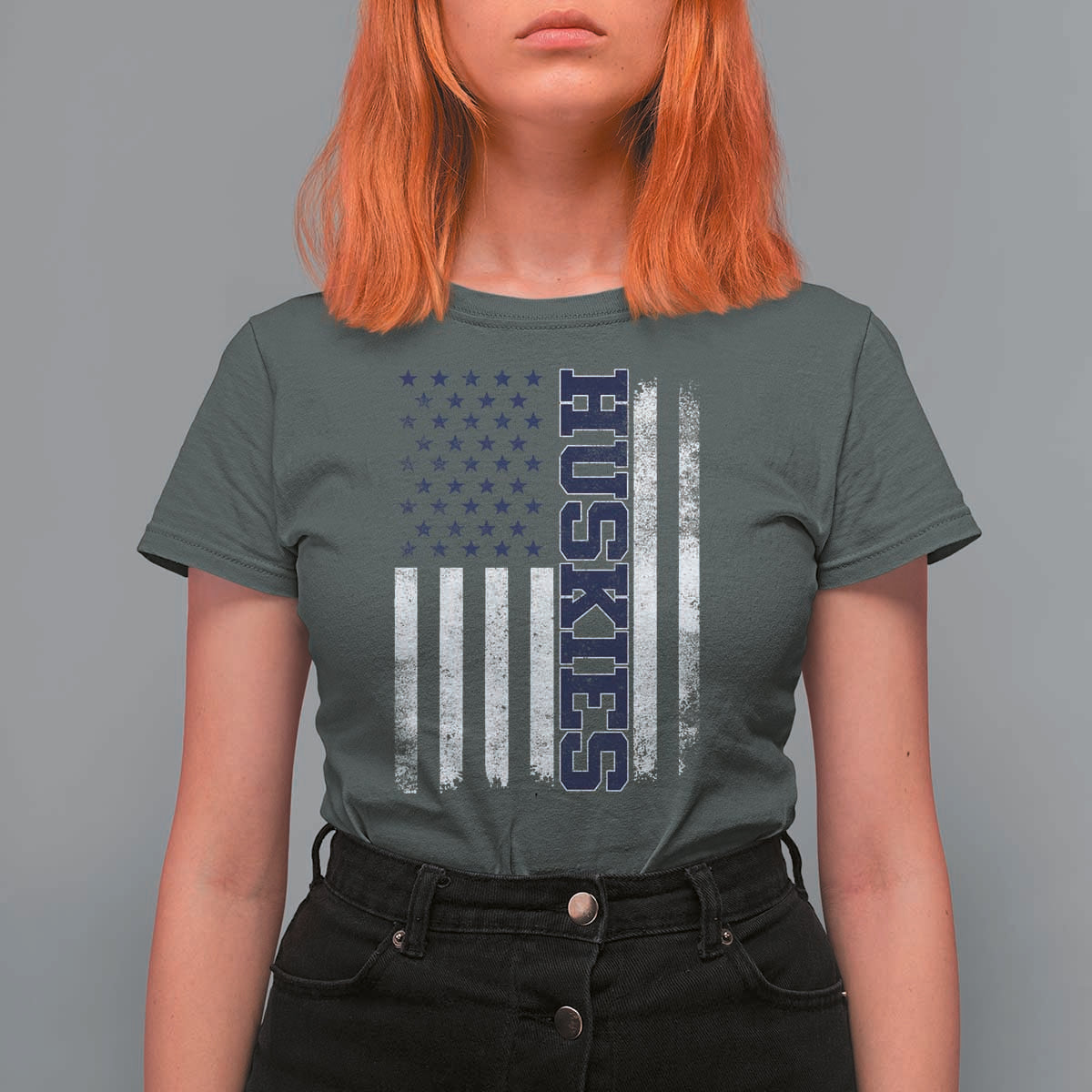 Husky Lover Sports Varsity Aesthetic Letters Vintage American Flag T Shirt For Women