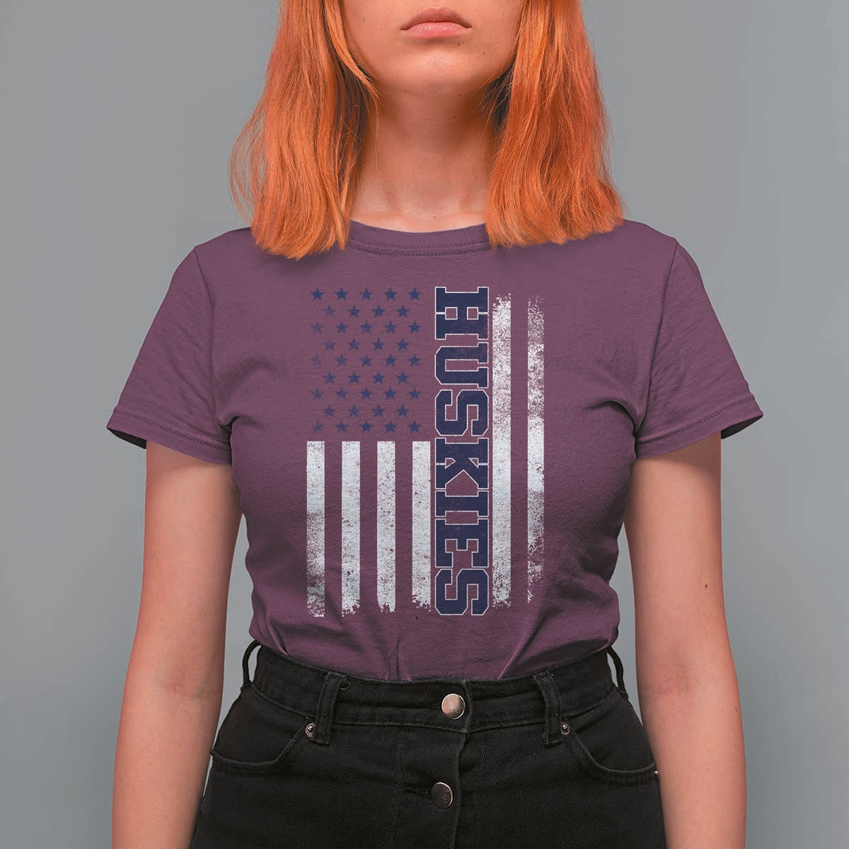 Husky Lover Sports Varsity Aesthetic Letters Vintage American Flag T Shirt For Women