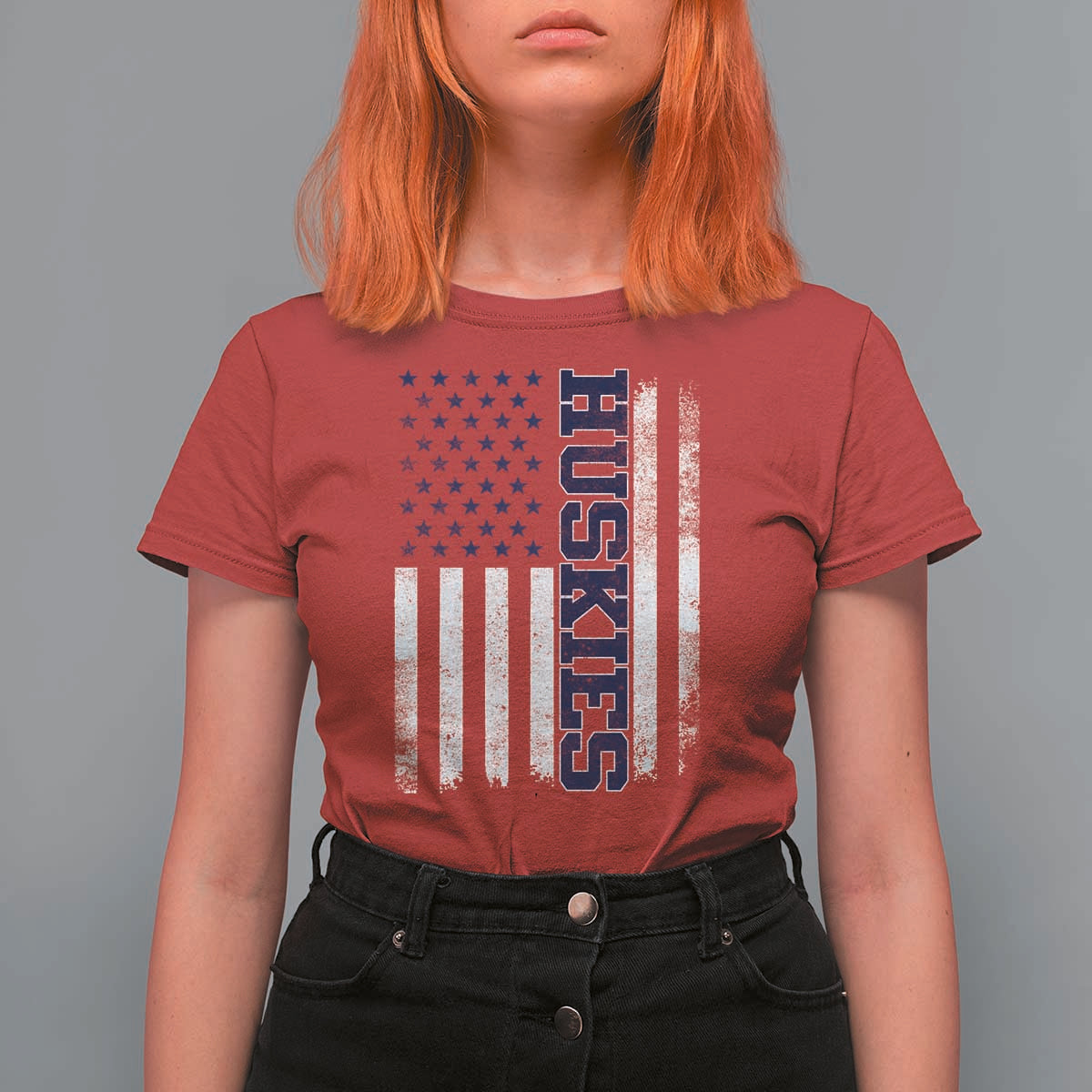 Husky Lover Sports Varsity Aesthetic Letters Vintage American Flag T Shirt For Women