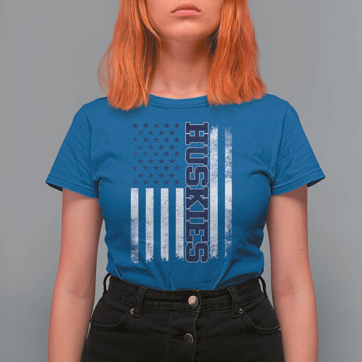 Husky Lover Sports Varsity Aesthetic Letters Vintage American Flag T Shirt For Women