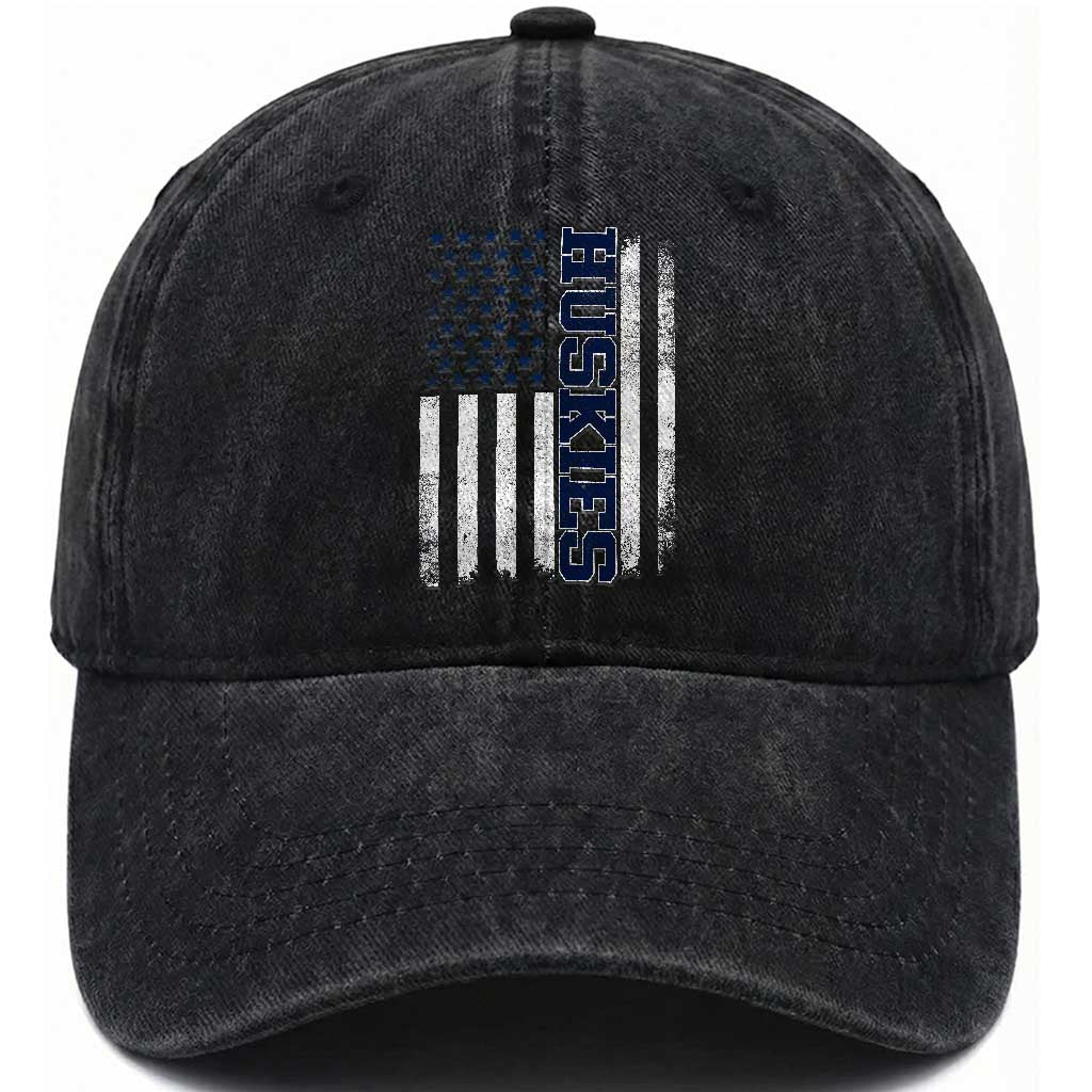 Husky Lover Sports Varsity Aesthetic Letters Vintage American Flag Washed Cotton Baseball Cap