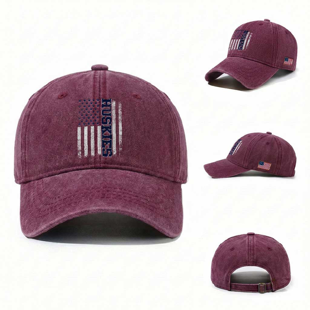 Husky Lover Sports Varsity Aesthetic Letters Vintage American Flag Washed Cotton Baseball Cap