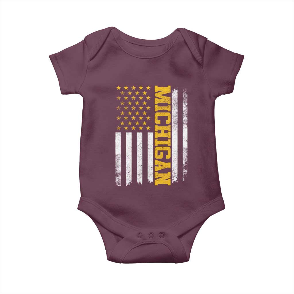 Michigan Pride Baby Onesie Vintage American Flag Distressed Varsity Aesthetic Letters MI State