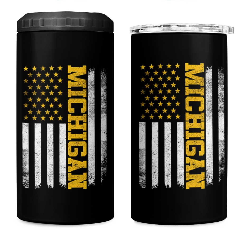 Michigan Pride 4 in 1 Can Cooler Tumbler Vintage American Flag Distressed Varsity Aesthetic Letters MI State
